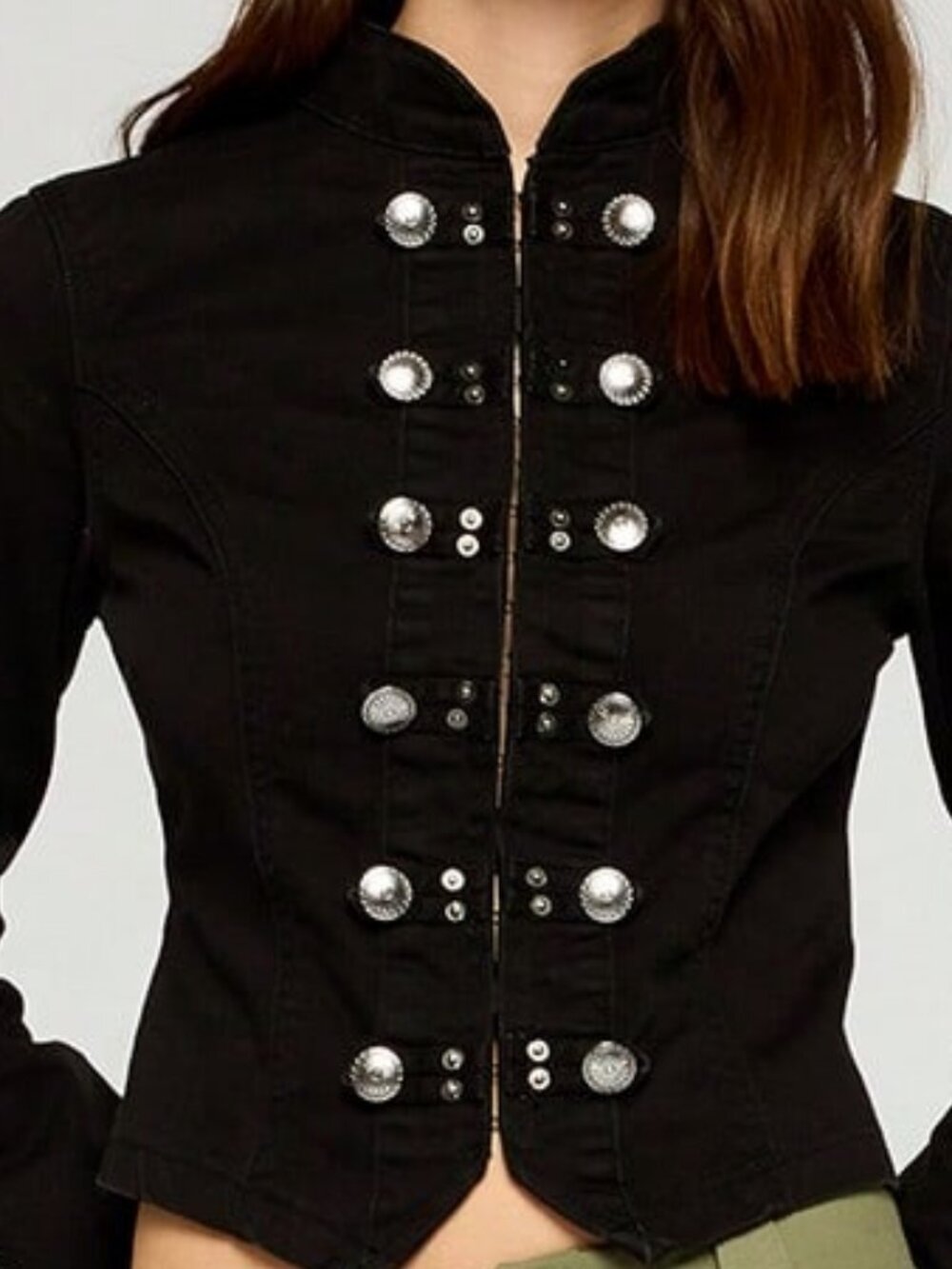 Black Casual Women's Dark Wash Denim Military Fitted Jacket - Picture 4 of 5